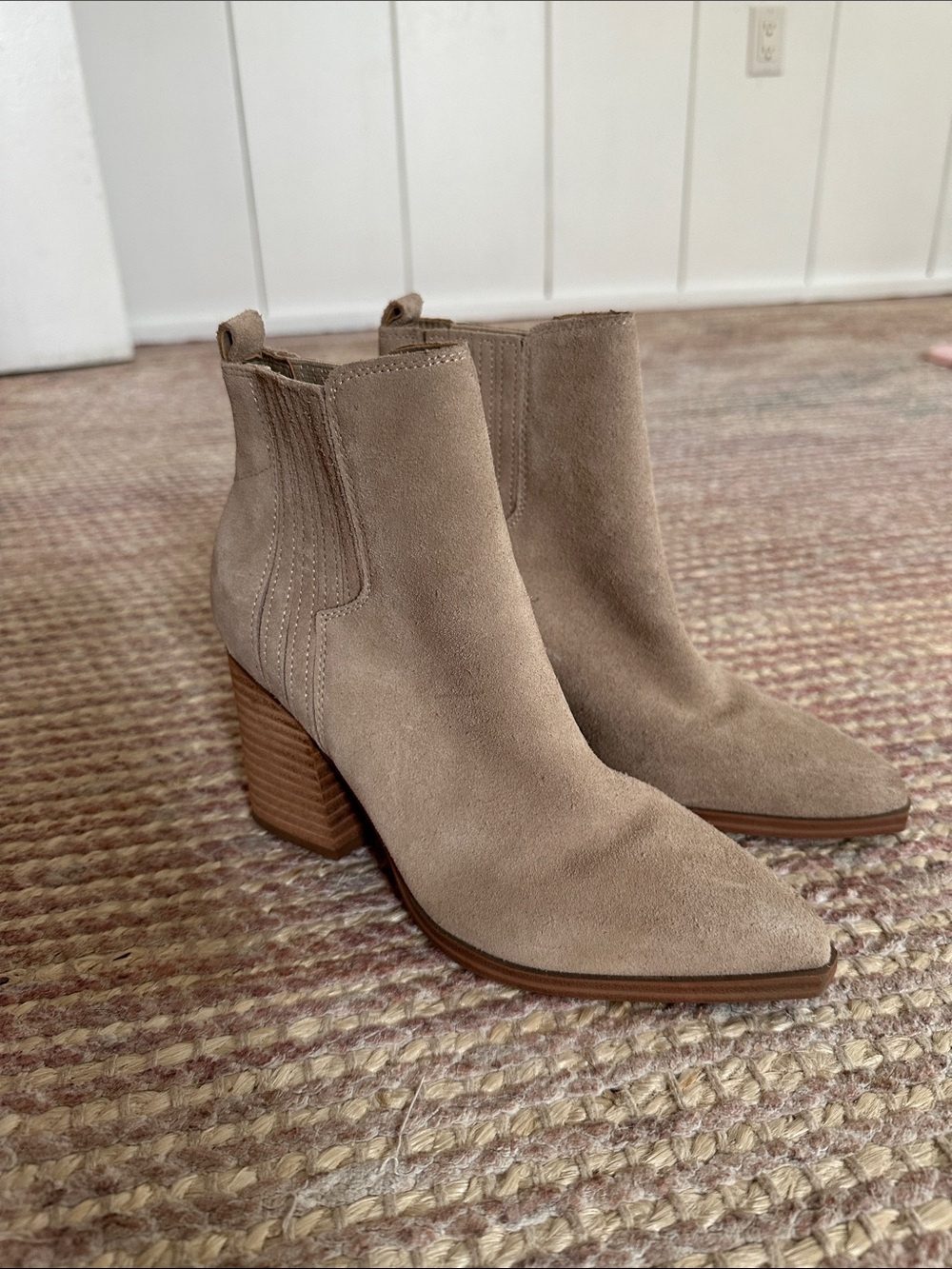 Marc Fisher Taupe Suede Pointed Toe Block Heel Ankle Boots